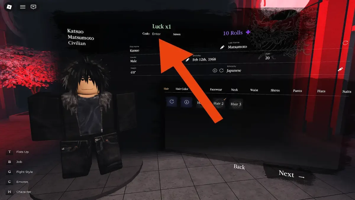 Kabuki Character menu with an arrow pointing to the Code Enter field and Submit control